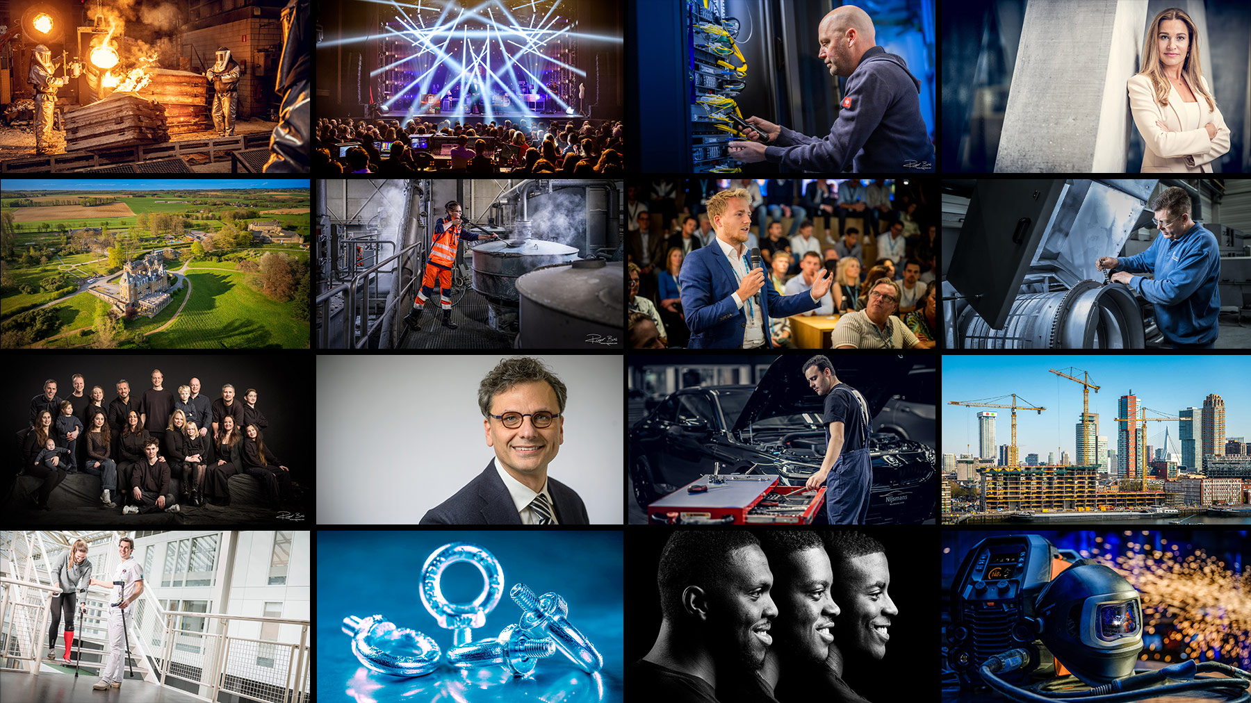 Foto overzicht van fotograaf Rogier uit Rotterdam voor industrieel, zakelijk, event, evenement, product en familie portret
