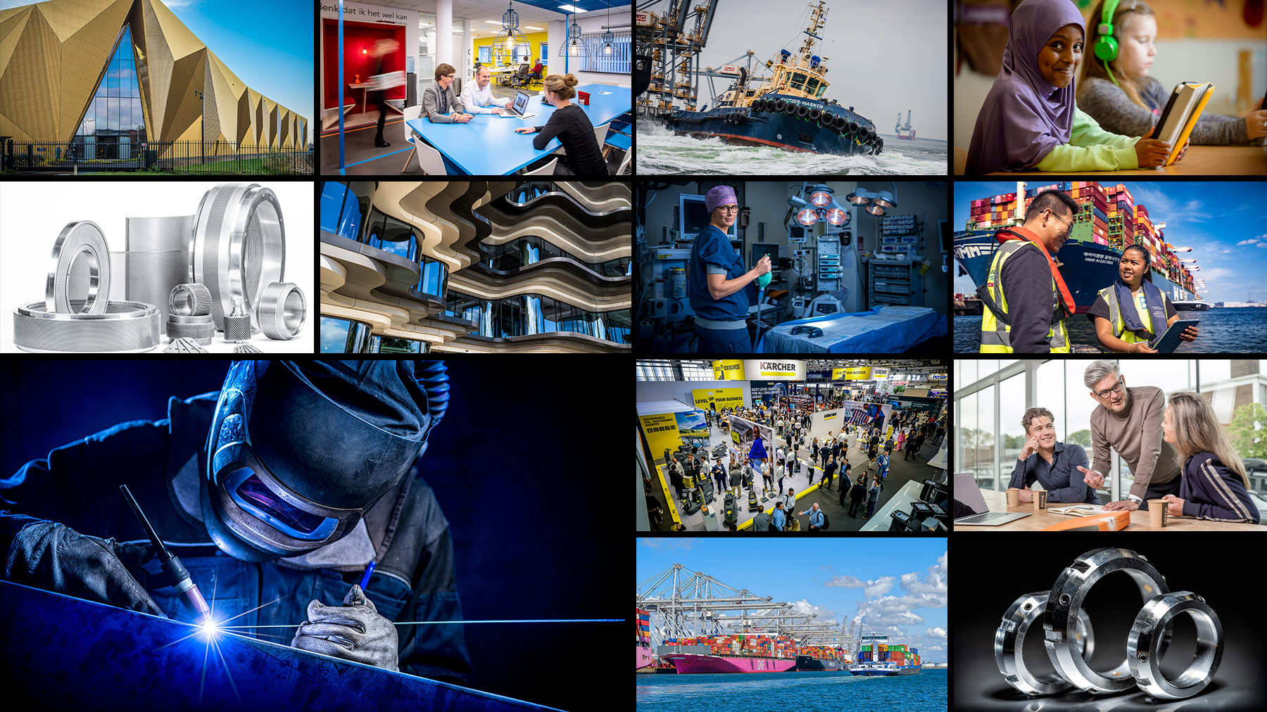 Fotograaf voor zakelijke en particuliere fotografie - collage-2. Met foto's van lassen, scheepvaart, logistiek, coaching, zorg.