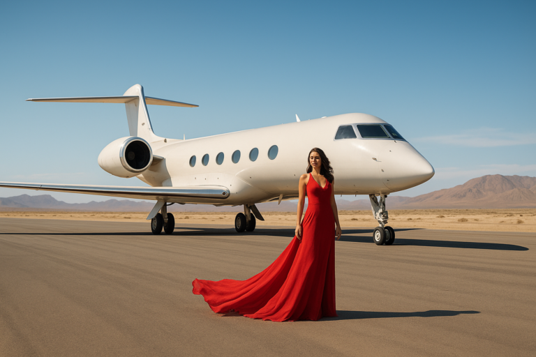 Glamoureuze vrouw in rode jurk voor witte Gulfstream-jet op woestijnbaan, gecreëerd met AI-ondersteunde topfotografie van Rogier Bos.
