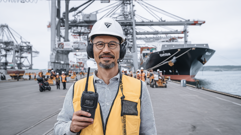 Opgewekte terminaloperator met portofoon op containerkade voor kraan en vrachtschip, AI-ondersteunde industriële fotografie in Nederlandse haven.