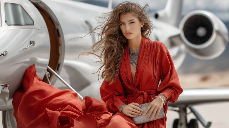 AI-generated image of a glamorous woman in a flowing red dress posing confidently in front of a private jet – luxury fashion photography concept