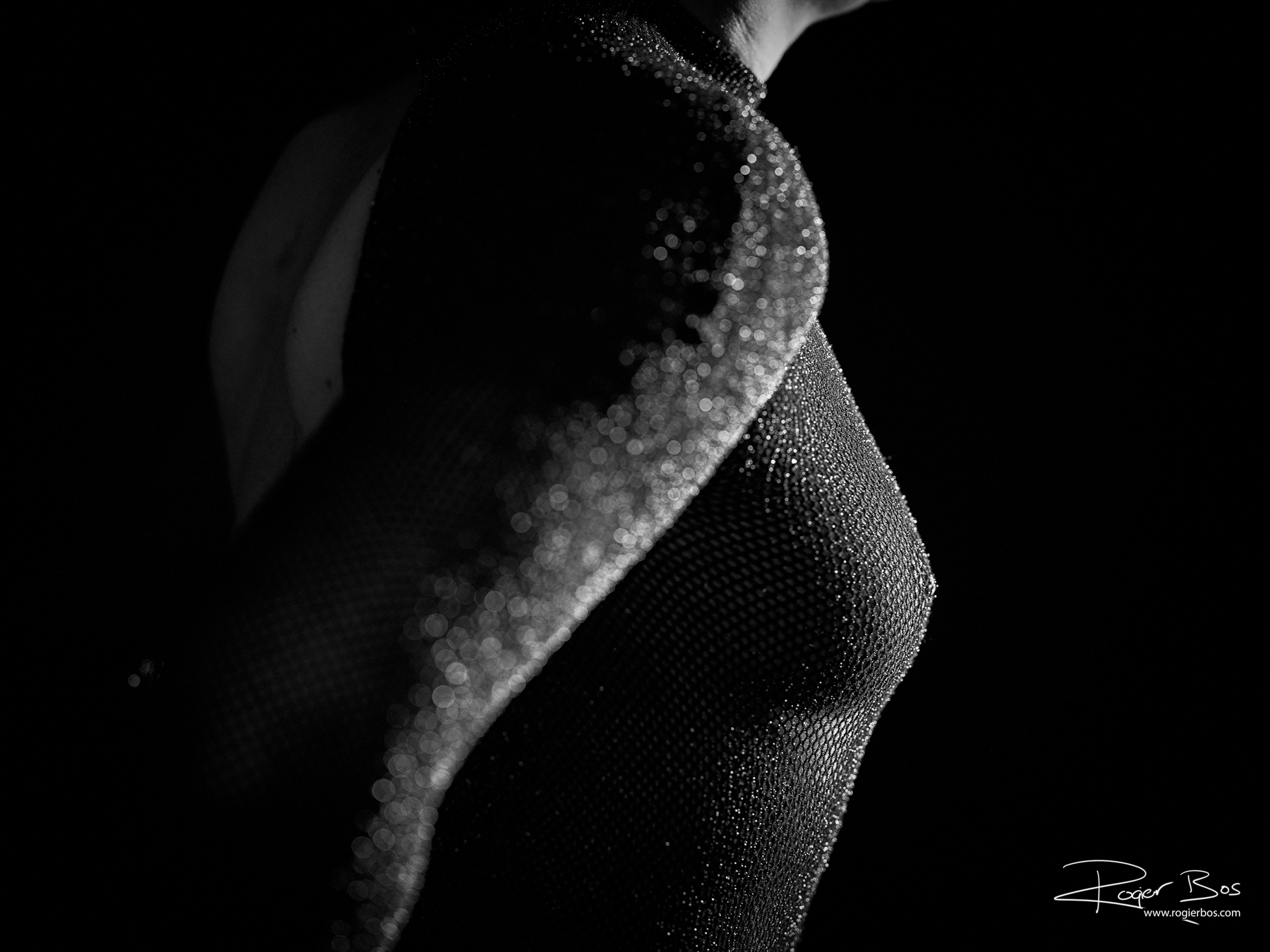 Fine-art boudoir bodyscape in zwart-wit: vrouw in sprankelende top, dramatisch licht — gefotografeerd door Rogier Bos in Rotterdam