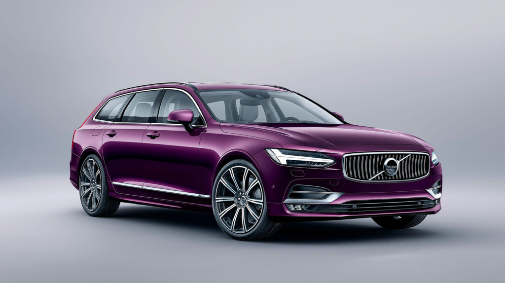 AI gegenereerde afbeelding van een paarse Volvo V90 stationwagen op een minimalistische achtergrond.