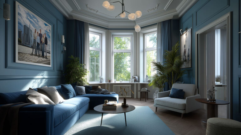 Familieportret van gezien bij Erasmusbrug in Rotterdam als wanddecoratie in moderne blauwe woonkamer met grote ramen.