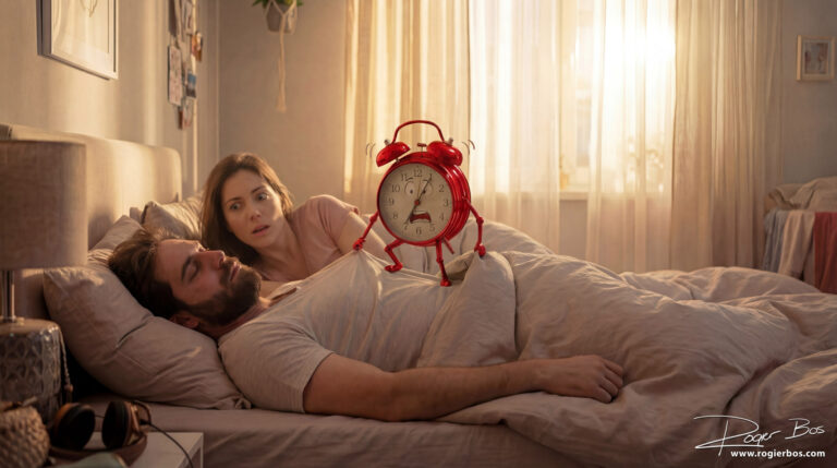 Humoristische fotocompositie gemaakt met behulp van generatieve AI, van een stel in bed met een rode alarmklok met benen die op de man staat – creatieve conceptuele fotografie door Rogier Bos