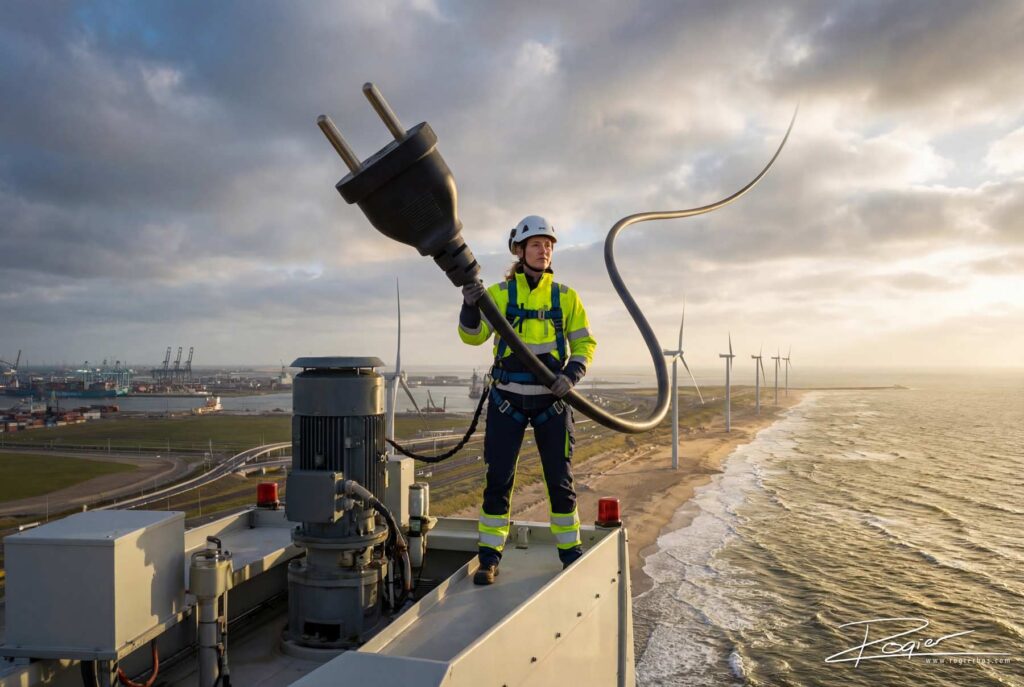 AI-beeld van technicus met enorme stekker boven de Maasvlakte tussen windmolens, gemaakt door fotograaf Rogier Bos