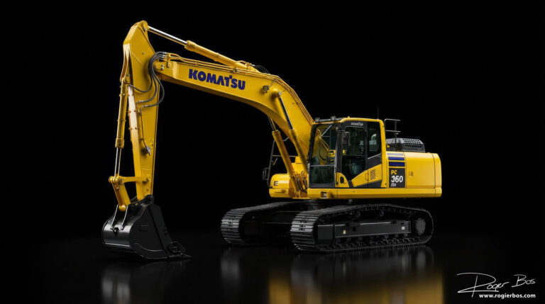 Productfoto van een Komatsu PC360 graafmachine op zwarte achtergrond, professioneel gefotografeerd door industrieel fotograaf Rogier Bos