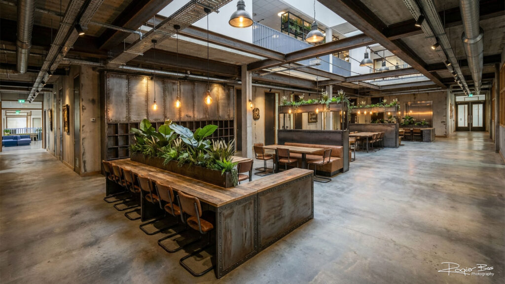 AI-interieurvariant in industriële stijl met staal, donker hout en robuuste materialen, gecreëerd door fotograaf Rogier Bos.