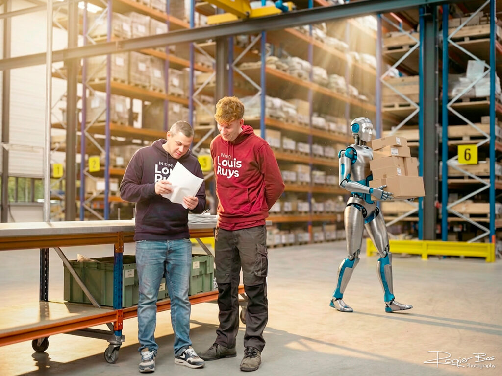 AI-verrijkt magazijnbeeld met een robot die dozen draagt, opgeruimde omgeving en toegevoegd zonlicht.