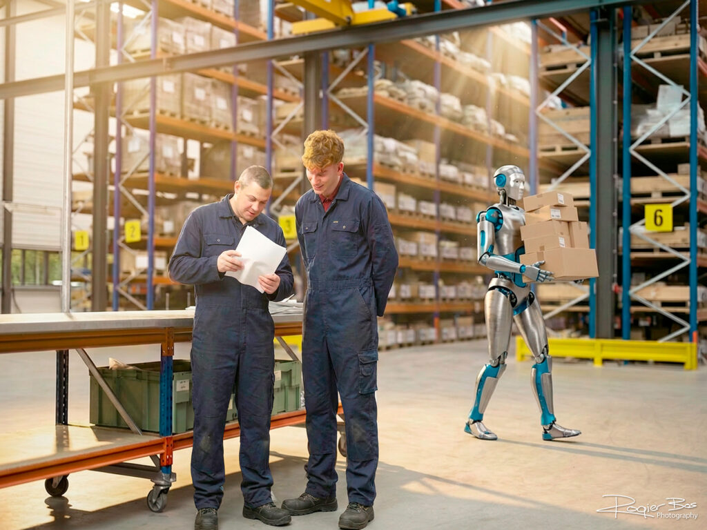 AI-bewerkt magazijnbeeld waarin een robot dozen draagt, medewerkers in veiligheidskleding staan en zonlicht het magazijn fraai verlicht.