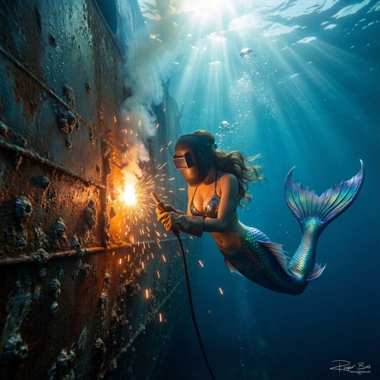 AI-gegenereerd beeld van een zeemeermin die onder water een scheepswand last, conceptueel werk van fotograaf Rogier Bos