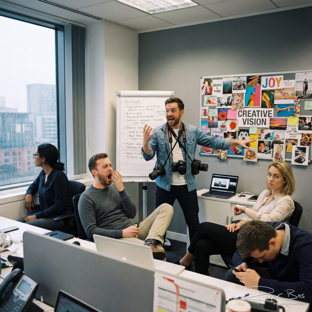 Humoristische AI-foto van een enthousiaste fotograaf die ideeën presenteert aan ongeïnteresseerde klanten in een kantoor – AI-conceptuele beeldcreatie door Rogier Bos