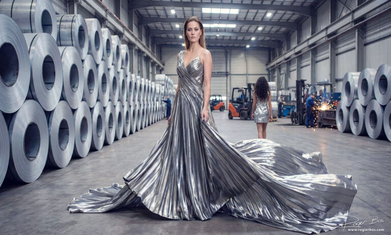 AI-beeld van een modellen in een jurken die een fashionshow lopen tussen grote rollen staal in een fabriekshal, gemaakt door fotograaf Rogier Bos