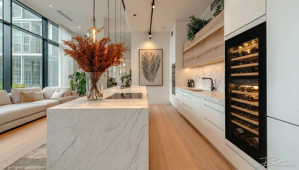 AI-gecreëerde moderne keuken met echte wijnklimaatkast geïntegreerd voor professionele productpresentatie – beeld gemaakt door fotograaf Rogier Bos