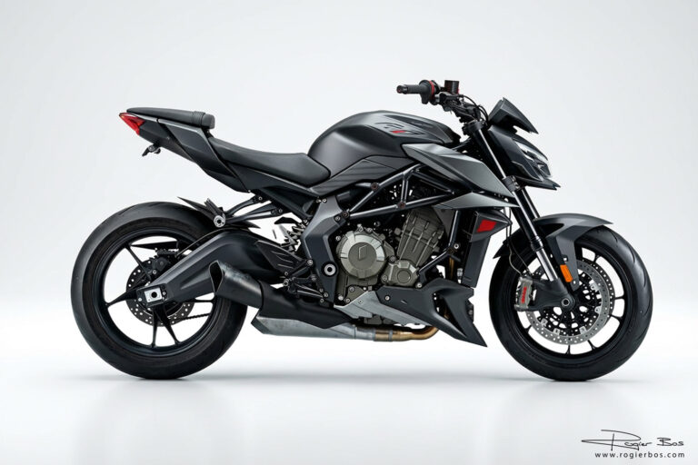 AI-geoptimaliseerde productvisualisatie van een sportmotor, gecreëerd door fotograaf Rogier Bos met geavanceerde AI-technieken op basis van een standaard motorfoto.