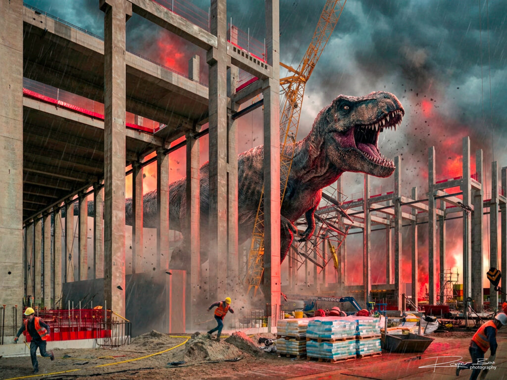 AI-beeld van een bouwplaats waar een gigantische T-Rex door de constructie breekt, dramatische rampenfilmsfeer.