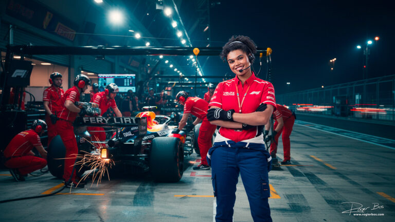 Personal branding portret van een vrouw in een F1-pitstop, gecreëerd met AI en fotografie in de studio door Rogier Bos.