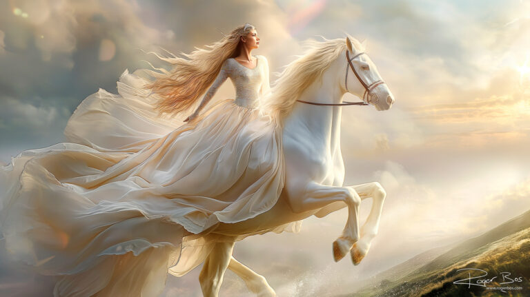 AI gegenereerd fantasy portret van een vrouw op een wit paard in een dromerig landschap, gemaakt door fotograaf en AI-beeldspecialist Rogier Bos