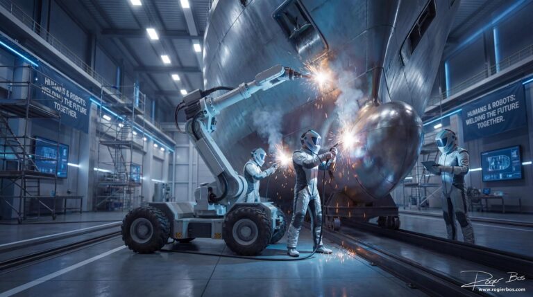 AI beeld van een futuristische maritieme werkomgeving waar mensen en robots samenwerken om een schip te lassen met geavanceerde industriële technologie.