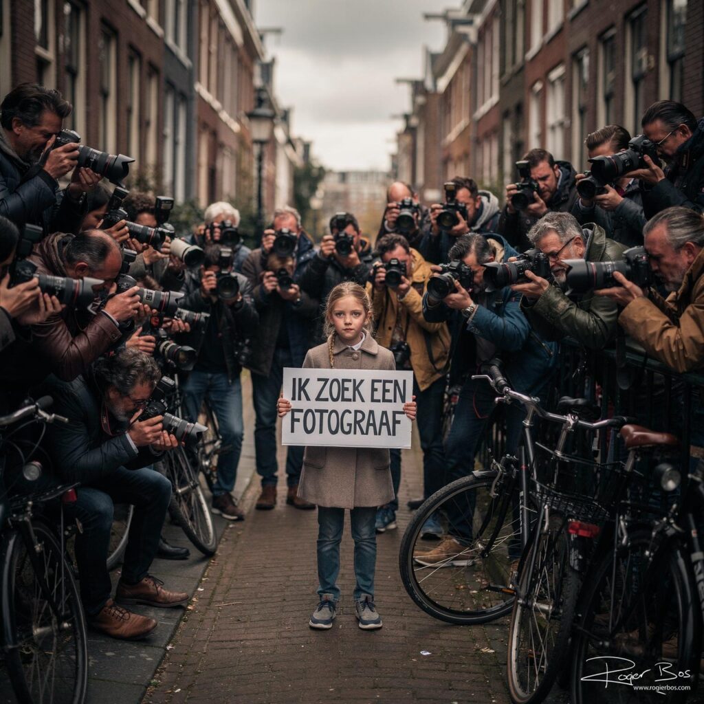 Meisje in Nederlandse straat met bord ‘Ik zoek een fotograaf’, omringd door tientallen fotografen met camera’s – beeld bij blog over trends en cijfers in professionele fotografie 2026.