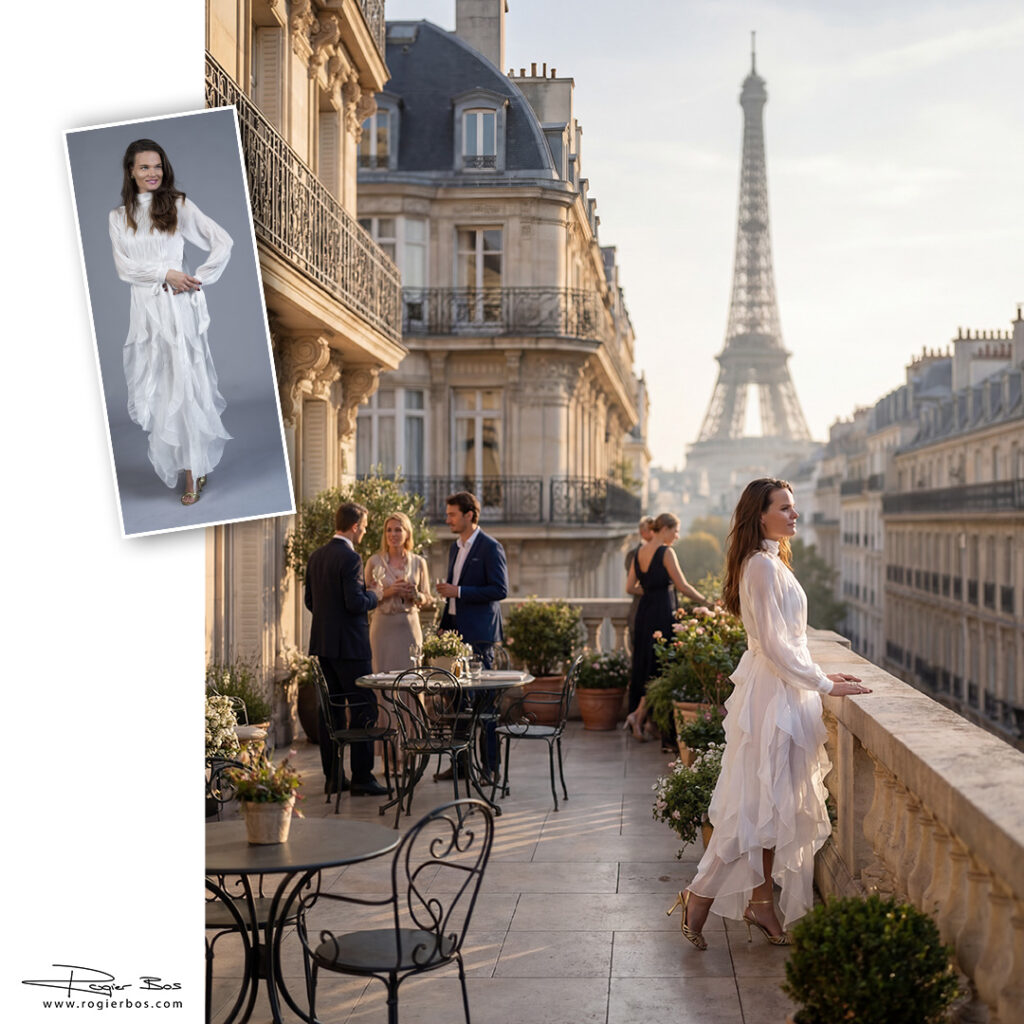 Vrouw in witte jurk op een dakterras in Parijs met uitzicht op de Eiffeltoren, gecreëerd met AI en studiobeeld