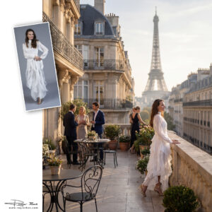 Vrouw in witte jurk op een dakterras in Parijs met uitzicht op de Eiffeltoren, gecreëerd met AI en studiobeeld