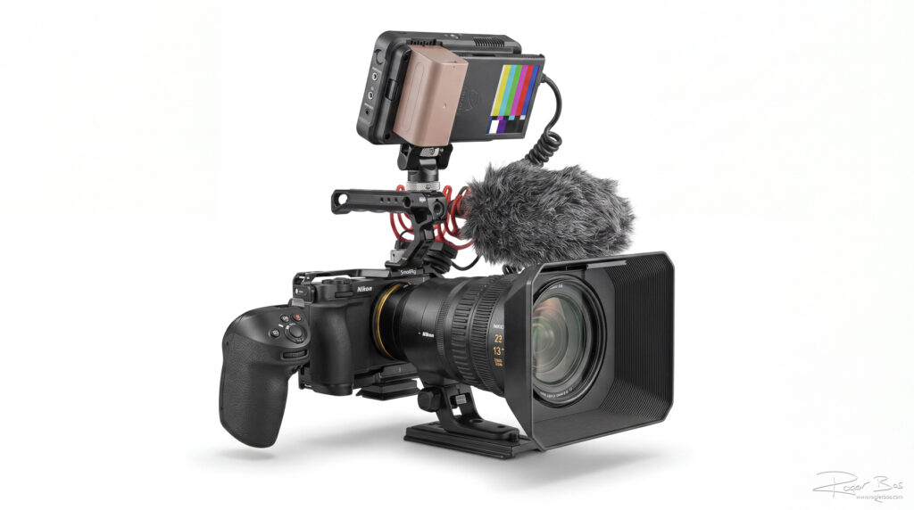 Mijn nieuwe video camera rig. Met de Nikon Zr en de Cine-lens Nikon 28-135/f4 als centrum.